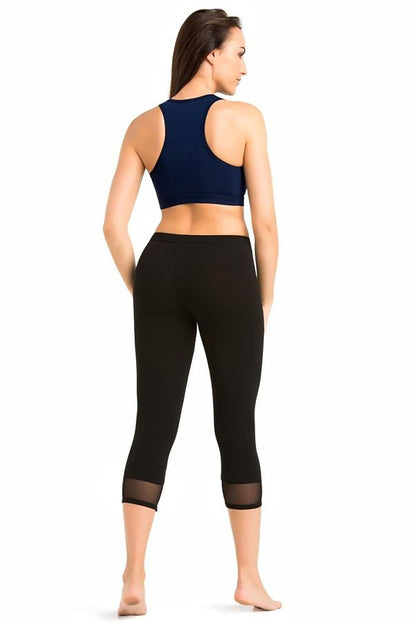 Women's black 3/4 cotton sport leggings with sheer mesh trim
