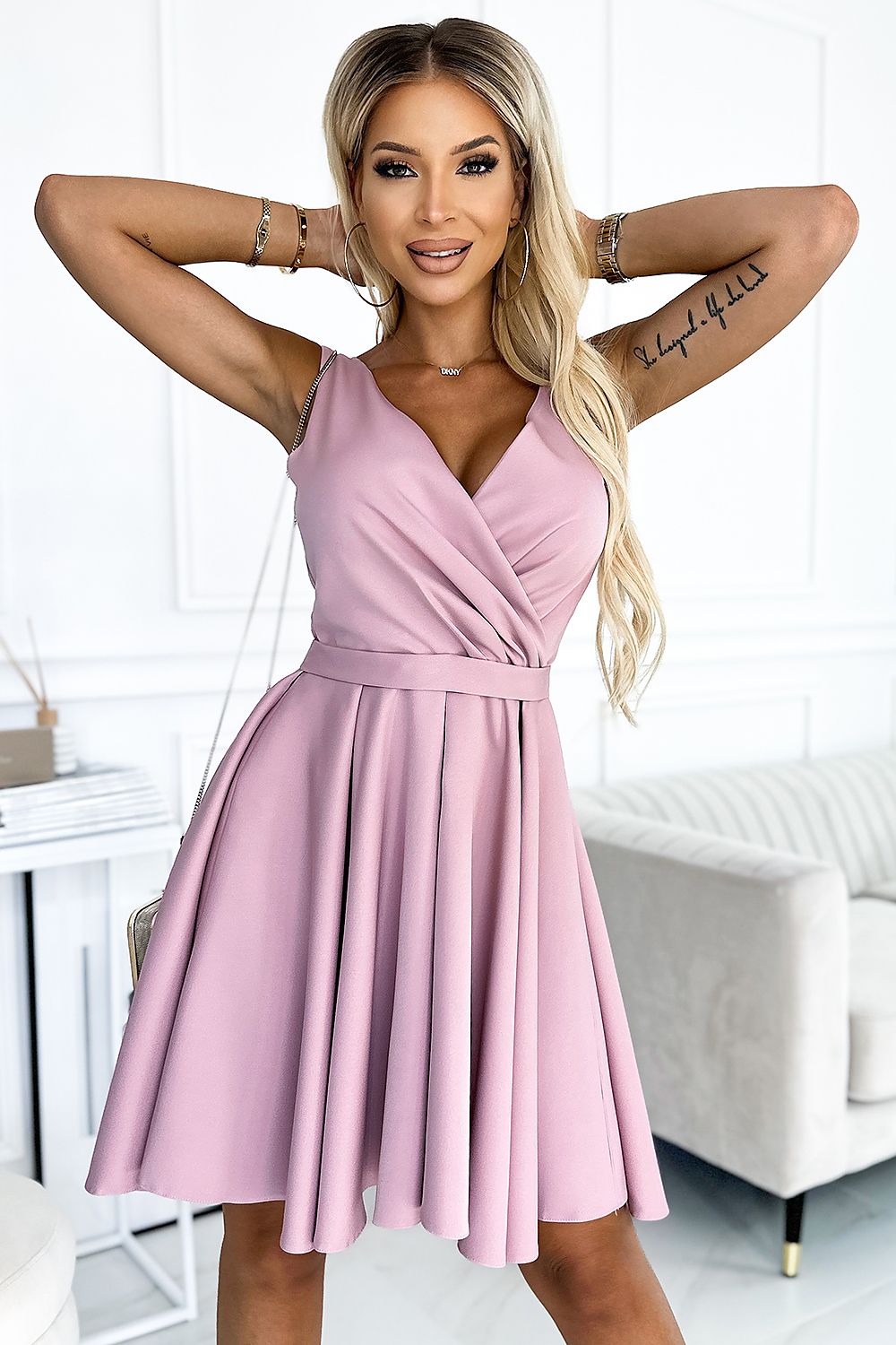 pink belted asymmetrical cocktail dress front view