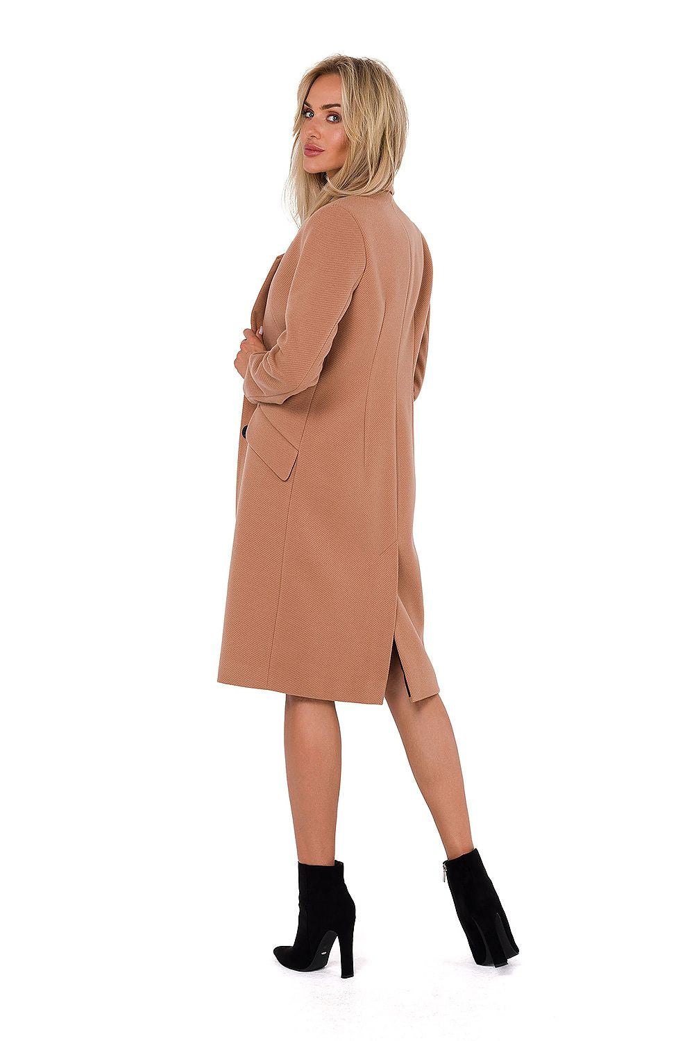 beige long sleeve asymmetrical coat detail view