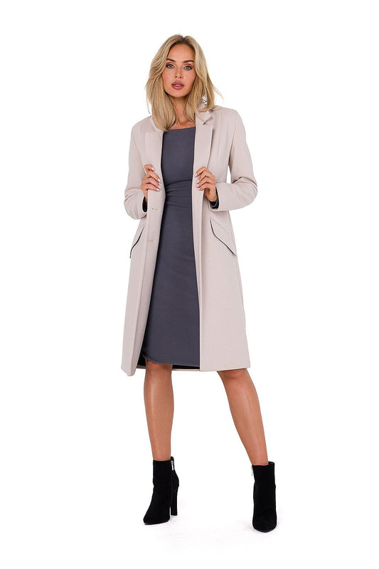 beige long sleeve asymmetrical coat front view
