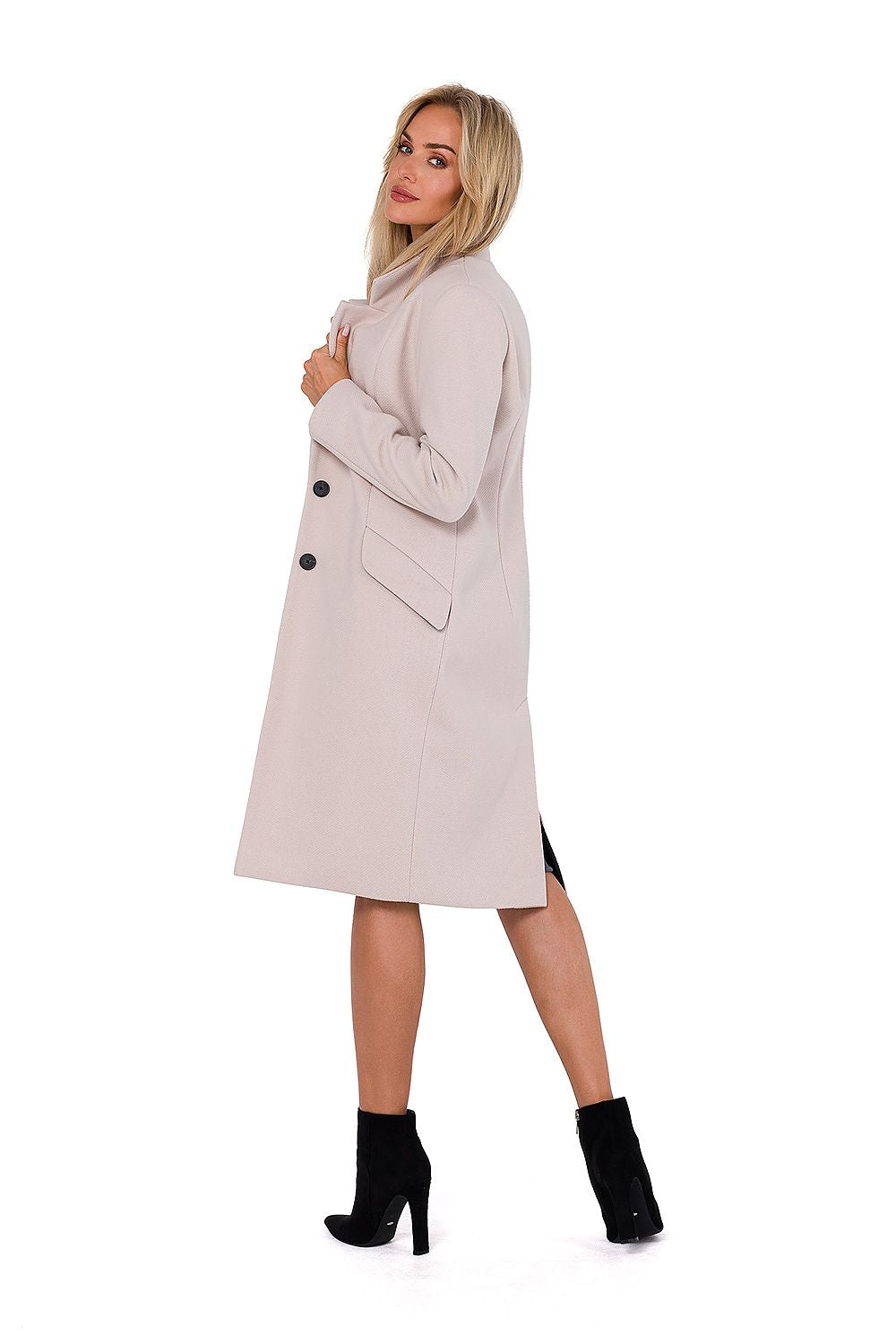 beige long sleeve asymmetrical coat alternate angle