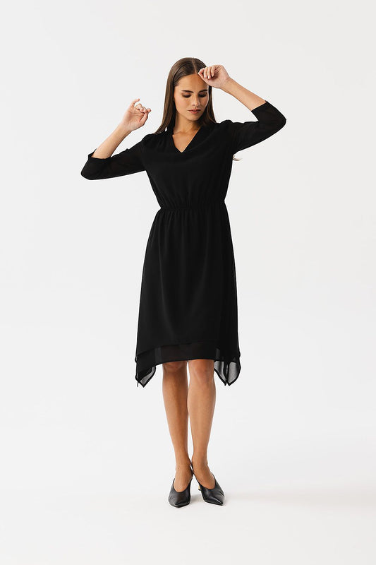 black asymmetrical cocktail dress front view