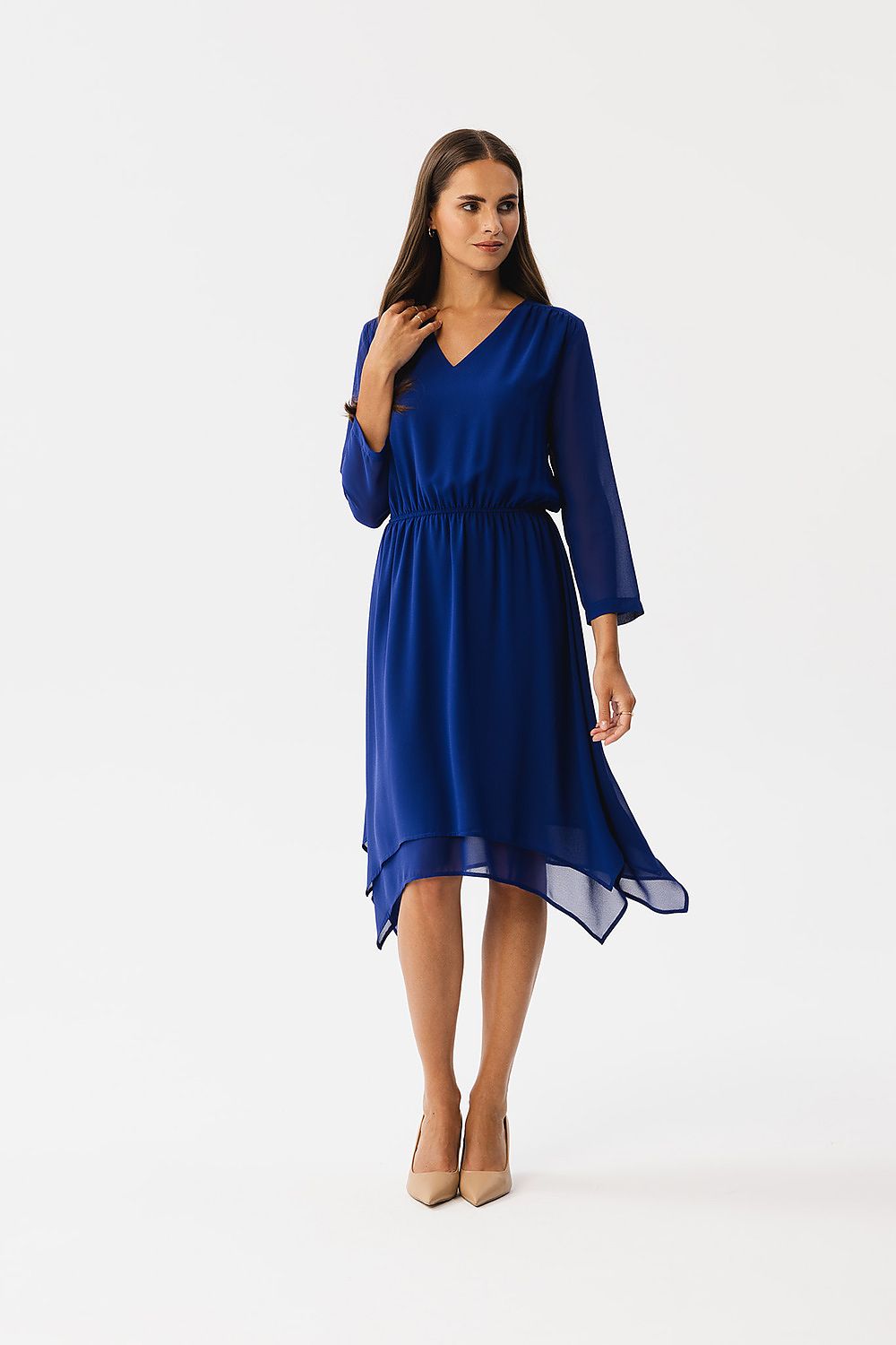 blue asymmetrical cocktail dress front view