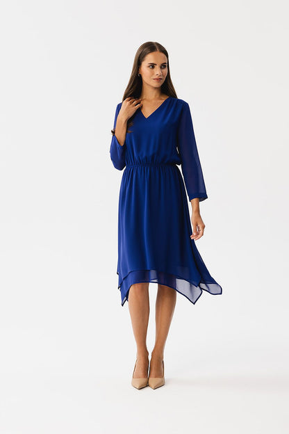 blue asymmetrical cocktail dress front view