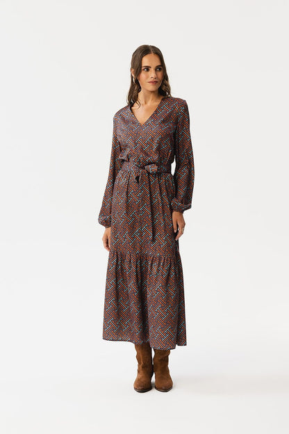 multicolor ruffle belted day dress front view