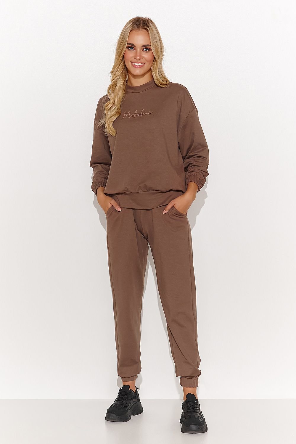 brown ribbed long sleeve matching set front view