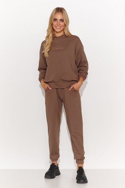 brown ribbed long sleeve matching set front view