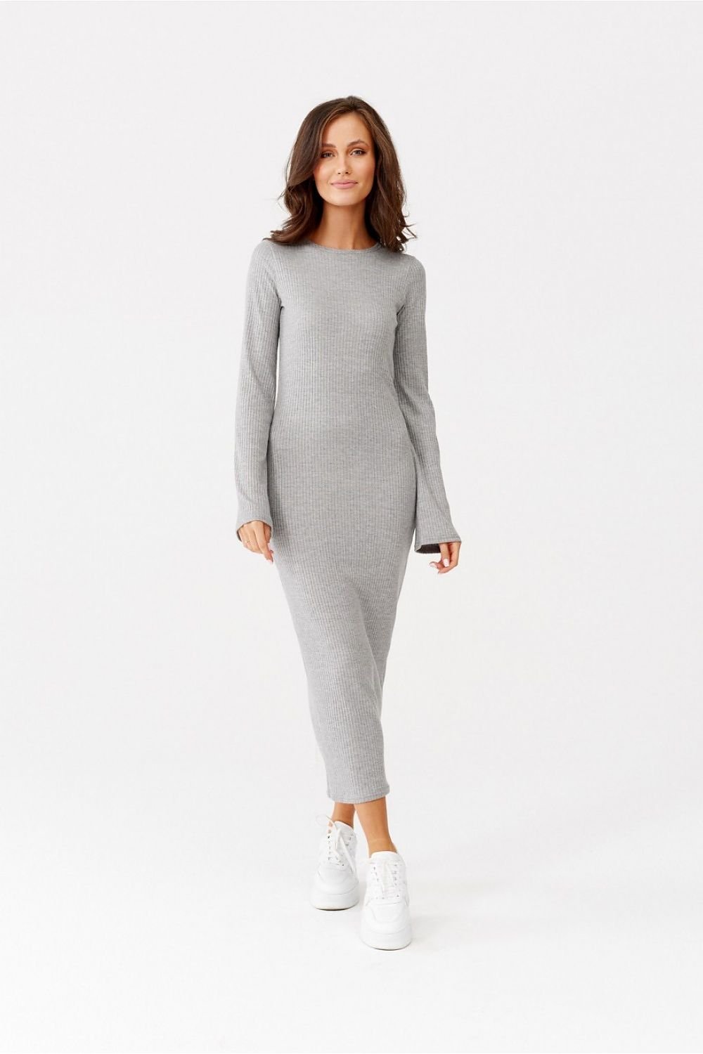 grey ribbed long sleeve day dress detail view