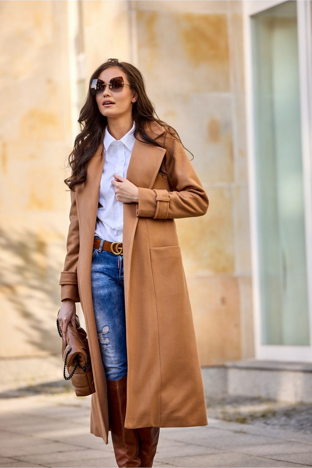 brown belted coat front view