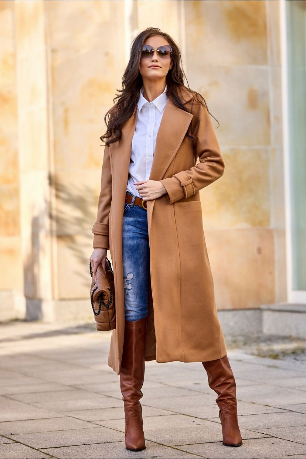 brown belted coat back view