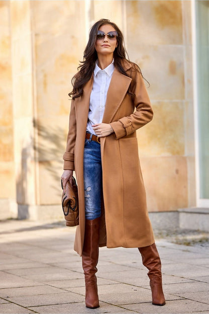 brown belted coat back view