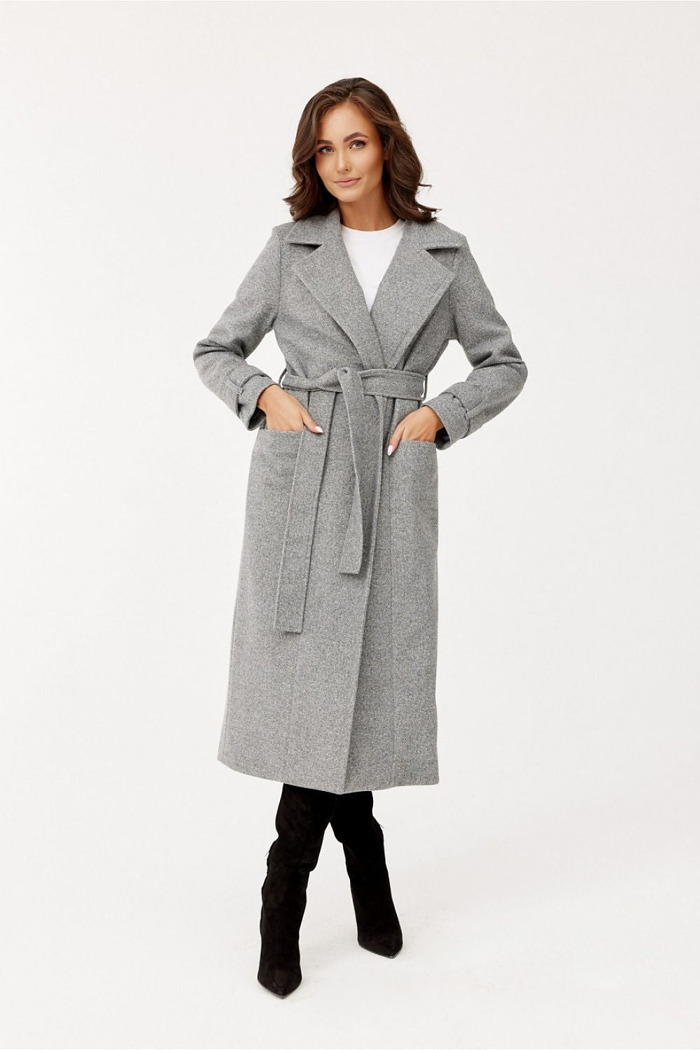grey belted coat detail view