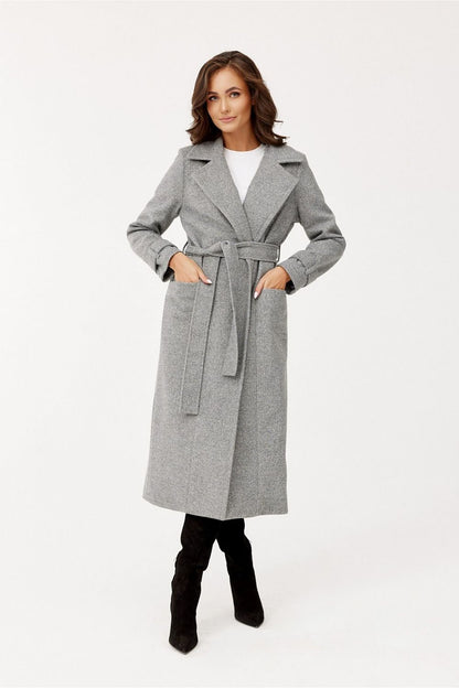 grey belted coat detail view
