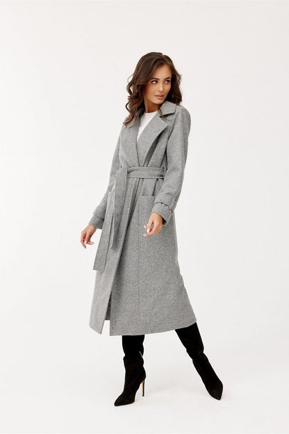 grey belted coat back view