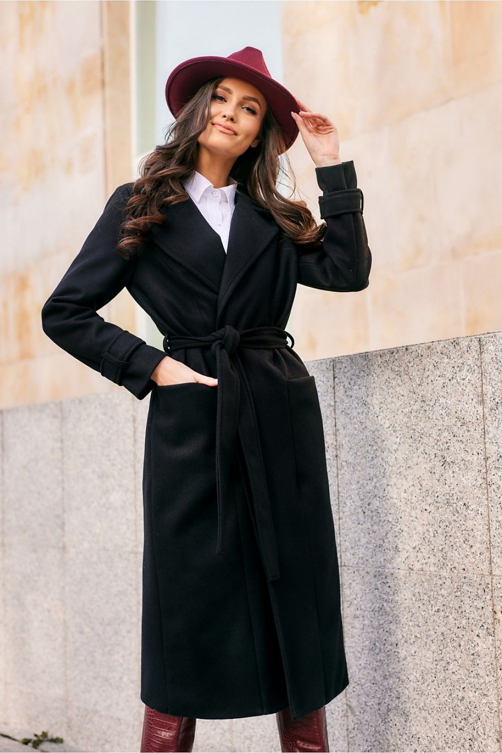 black belted coat front view