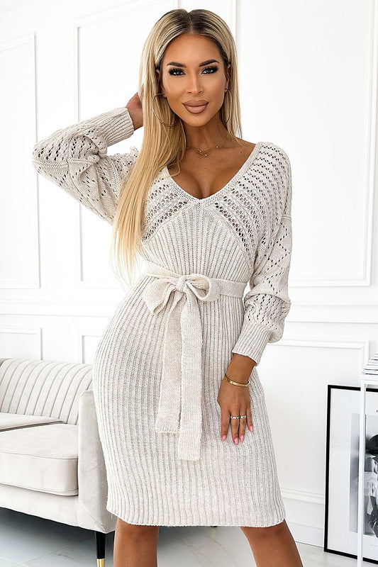 beige long sleeve day dress front view