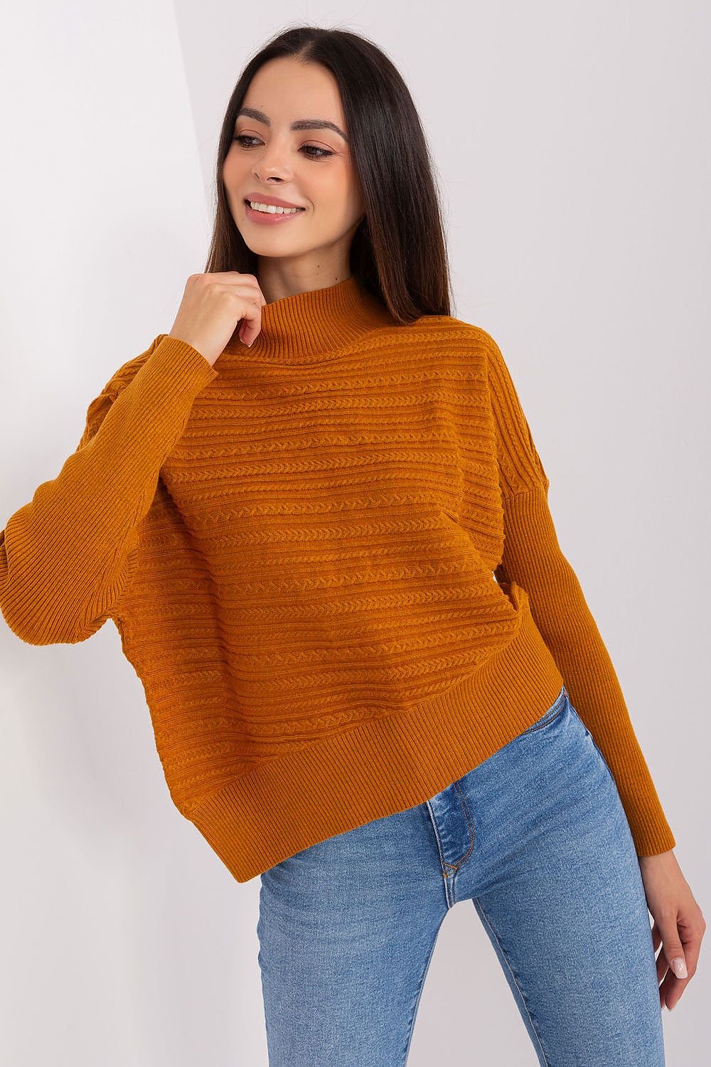 brown long sleeve turtleneck jumper front view