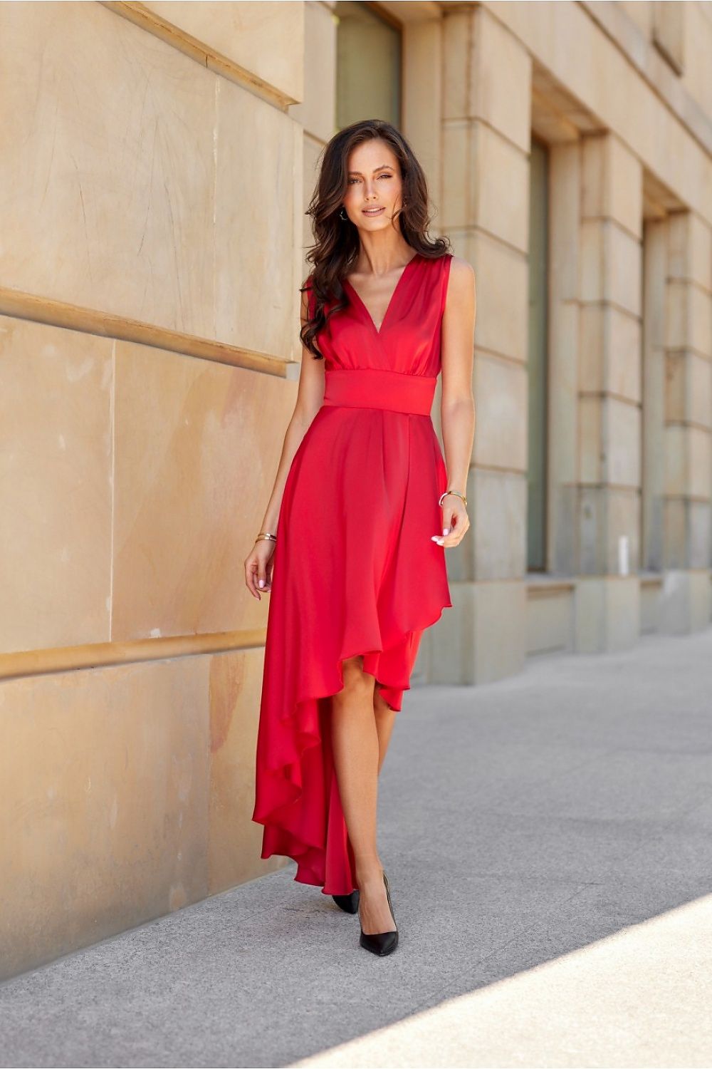 red satin flared evening dress front view