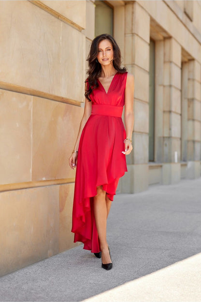 red satin flared evening dress front view