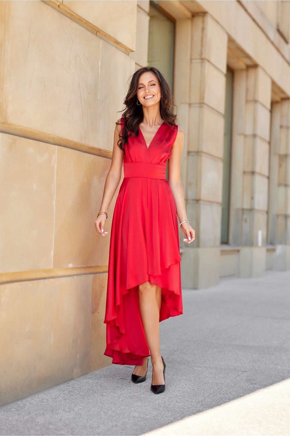 red satin flared evening dress alternate angle