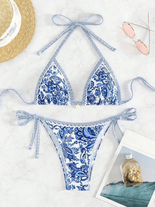 Blue floral print sexy strappy bikini set - Ayla Boutique