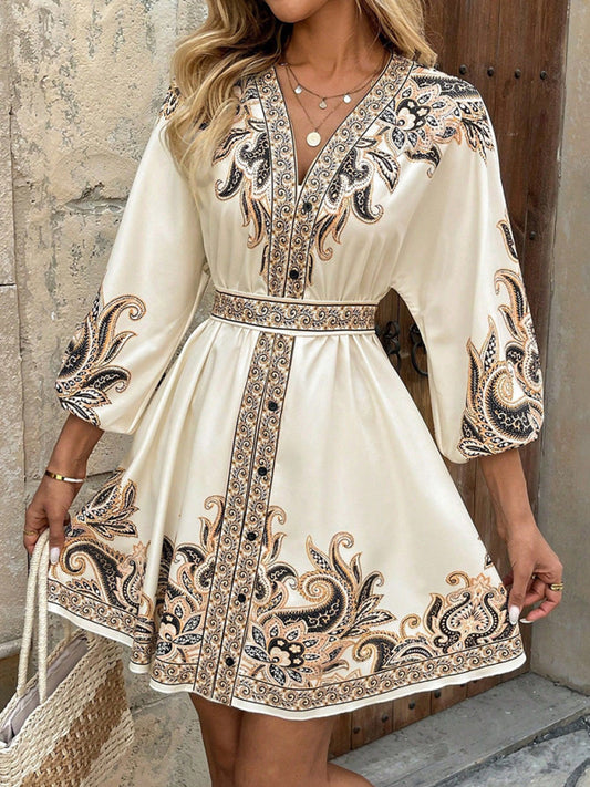 New Printed V-Neck Three-Quarter Sleeve Tie-Waist Dress - Ayla Boutique