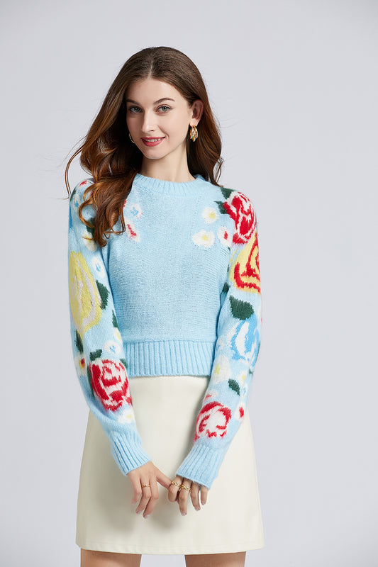 Fall Winter Rose Jacquard Mohair Sweater Temperament High Waist Short Swearters