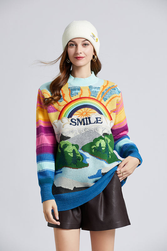 Autumn And Winter Heavy Embroidery Rainbow Color Matching Rabbit Velvet Sweater Loose Thick Jacquard Top