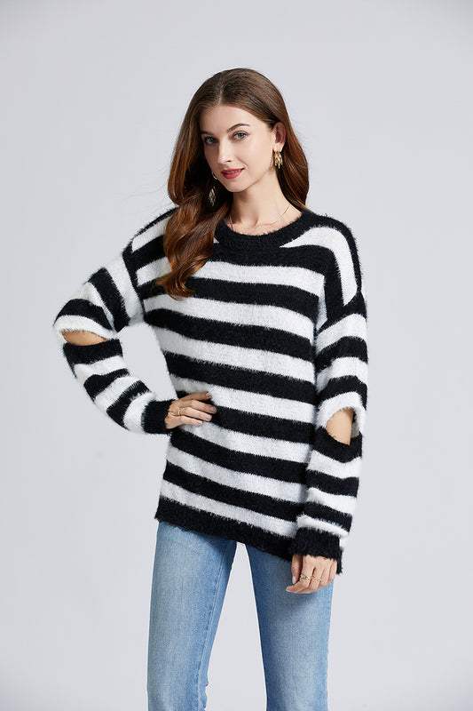 Autumn And Winter Mink Hair Black And White Striped Nerve Niche Loose Hole Sweater Long Coat