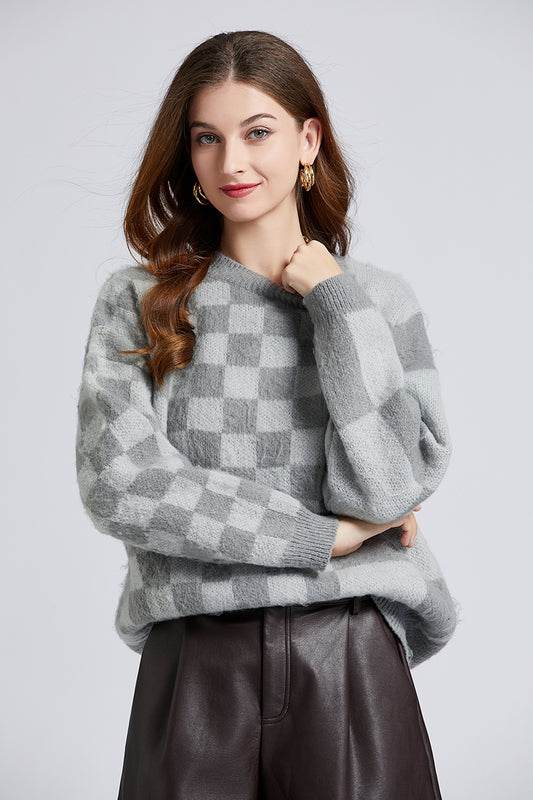 Retro Irregular Checkerboard Mohair Sweater