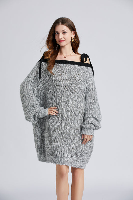 Fall Winter Sexy Shoulder Strap Sparkling Silver Silk Bright Line Lazy Sweater Loose Dress