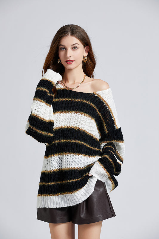 Autumn And Winter Stripes Loose Contrast Pullover Sweater Soft Waxy Mohair Sweater