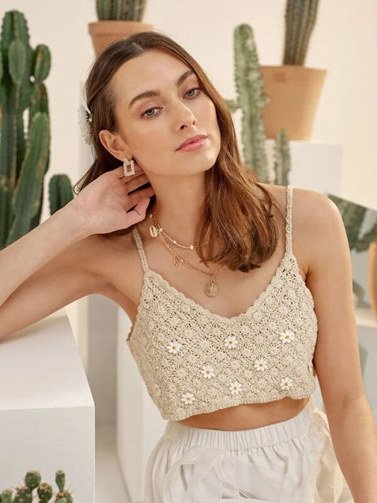 Summer Vacation Sleeveless Floral Crochet Solid Crop Top