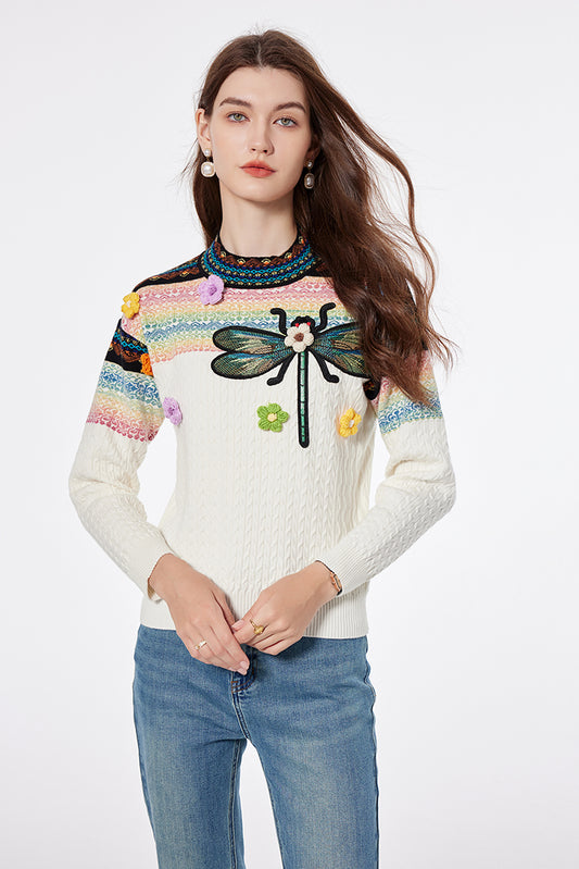 Spring And Autumn Bee Embroidered Heavy Industry Handmade Flower Crewneck Pullover Sweater Jacquard Knitted Top