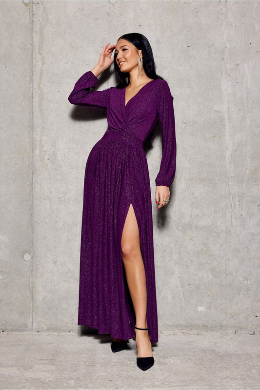 violet belted maxi long dress front view