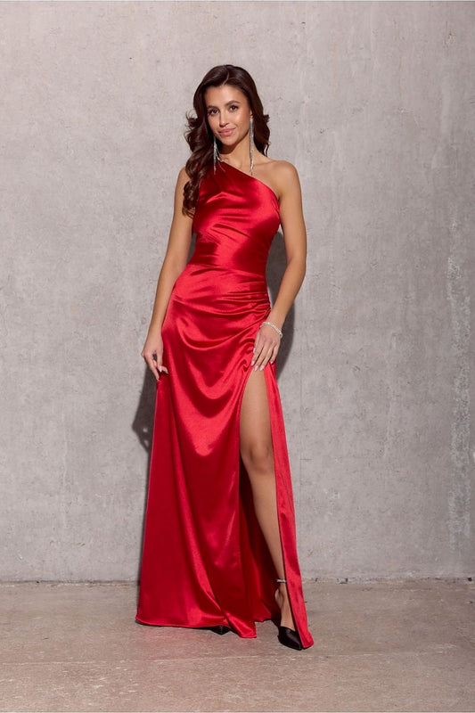 red satin long dress front view