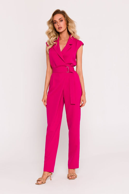 pink belted sleeveless suit front view