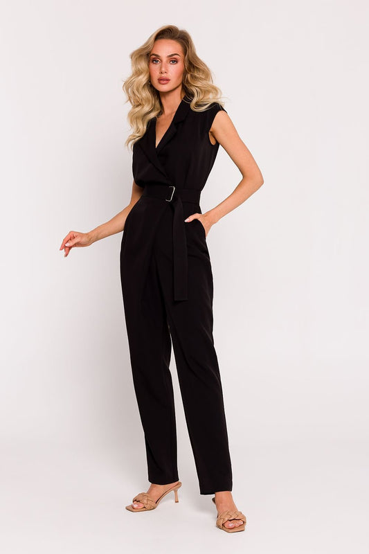 black belted sleeveless suit front view
