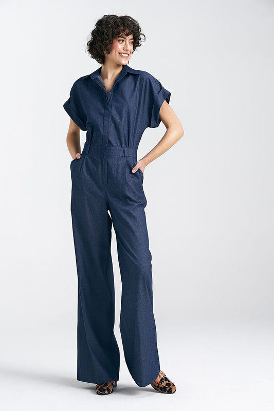 blue wrap short sleeve suit front view