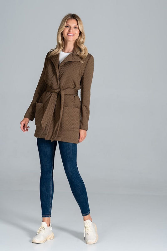 brown belted coat front view