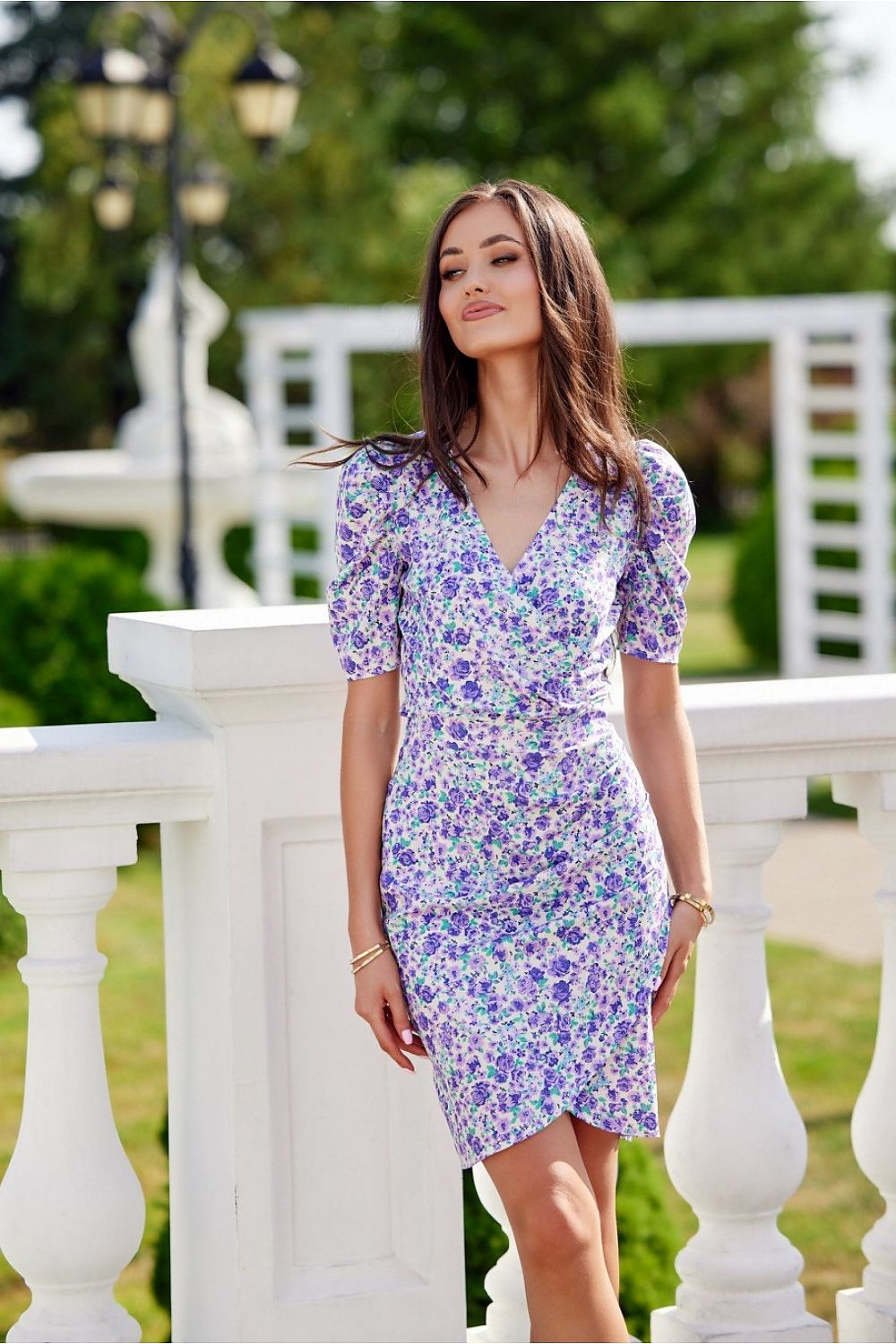 multicolor ruffle short sleeve cocktail dress detail view