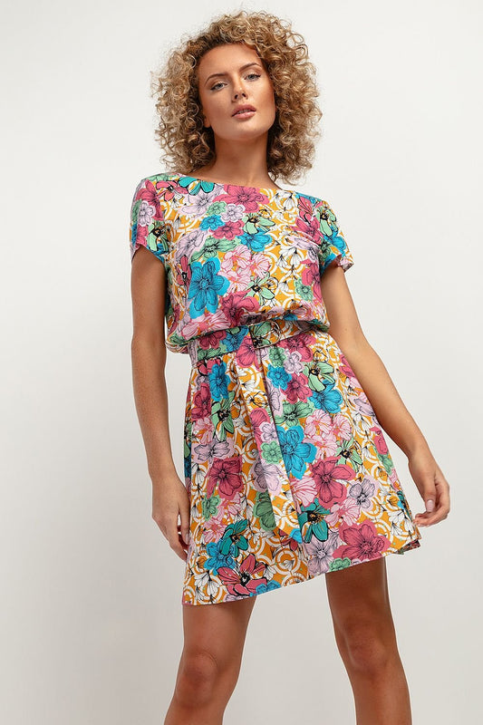 multicolor wrap flared day dress front view