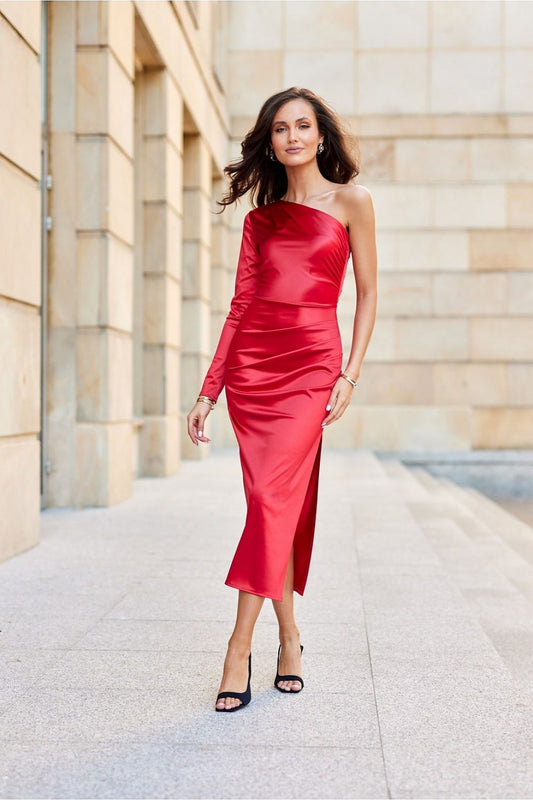 red satin long sleeve evening dress front view