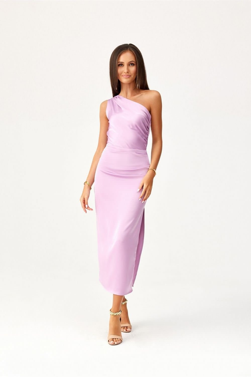 violet satin midi evening dress detail view