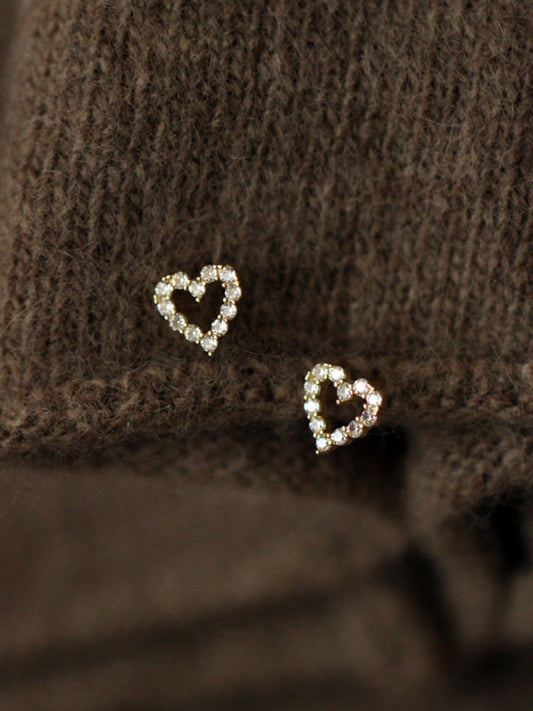 Full Diamond Princess Style Hollow Love Heart Cute Daily Mini Earrings