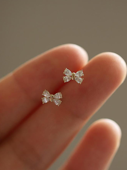 14K Gold Plated Earrings, Four Diamond Bows, Sweet Design Mini Earrings