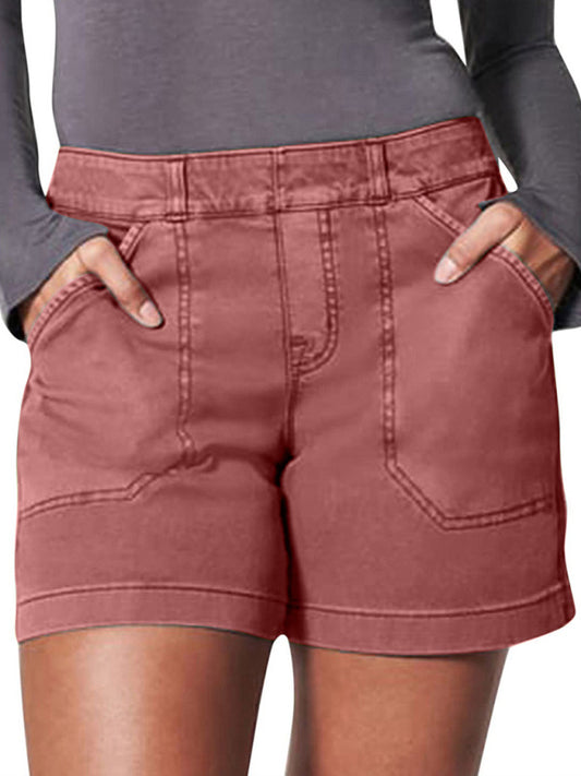 Fashion All-Match High Elastic Twill Large Pocket Solid Color Casual Shorts
