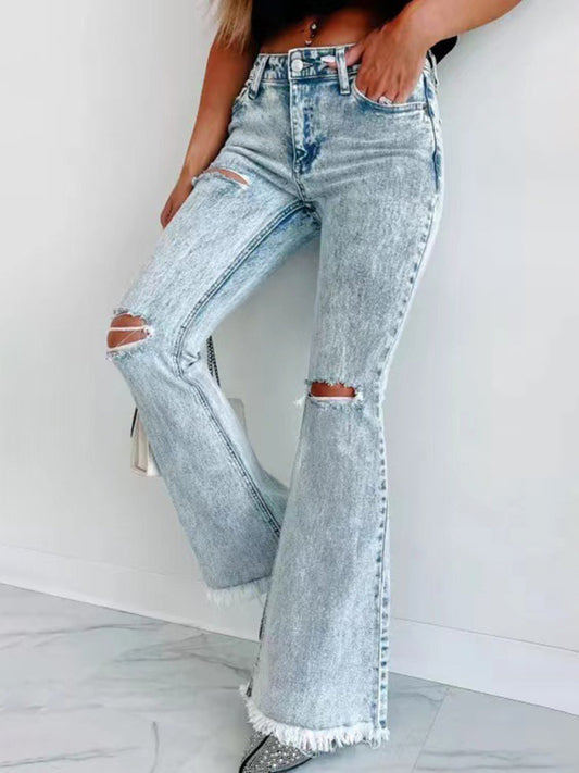 Ripped Jeans Micro-Boom Washed High Waist Pants